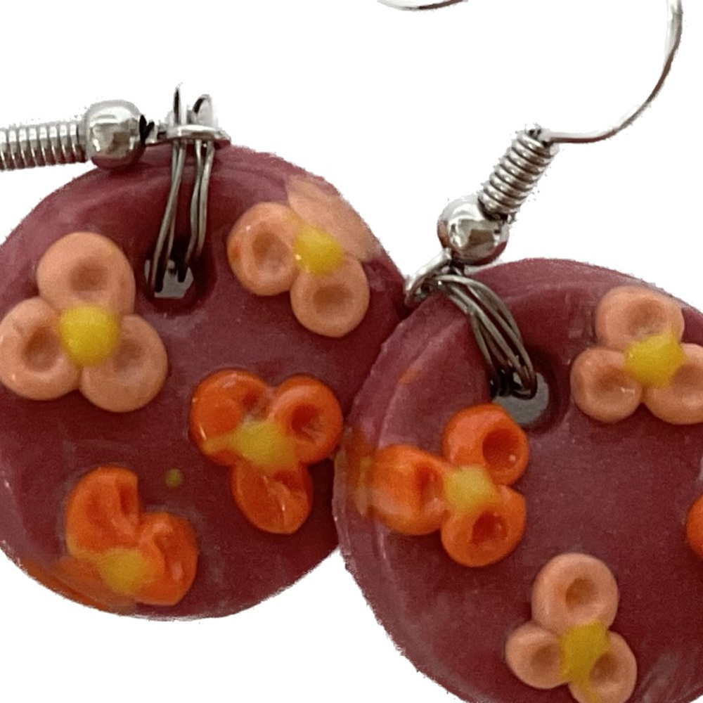 Hand Crafted Clay Flower Statement Earrings Mauve Orange Yellow
